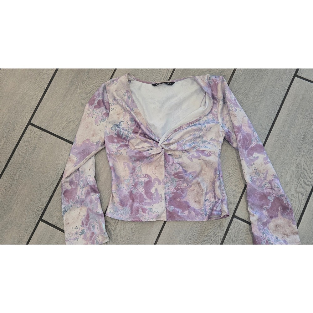 Zara Purple Marble Print Twist Front V-Neck Long Sleeve Blouse Small 08351245330